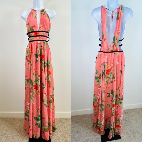 Beautiful Pink Tropical Floral Print Cut-Out Maxi Dress Size S - Picture 6 of 7